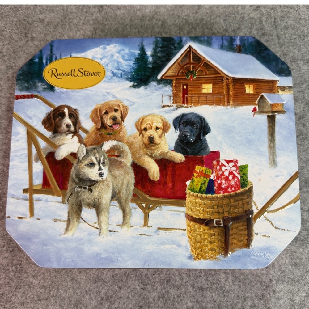Russell Stover Holiday Puppy Sleigh Tin James Killen North Pole Express 2014